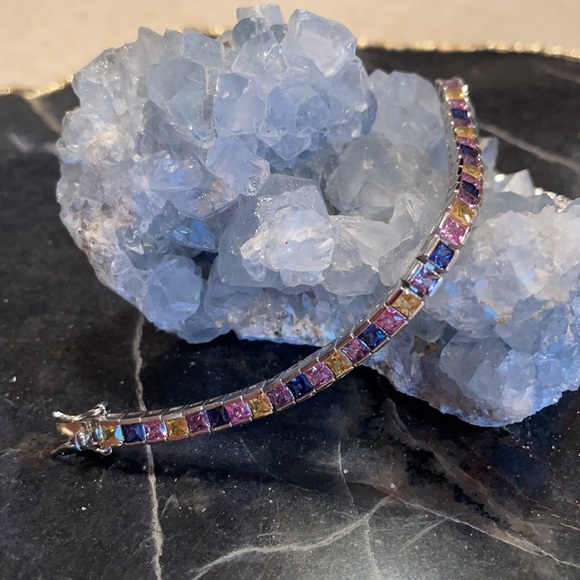 8ct created rainbow sapphire tennis bracelet - Picture 4 of 11